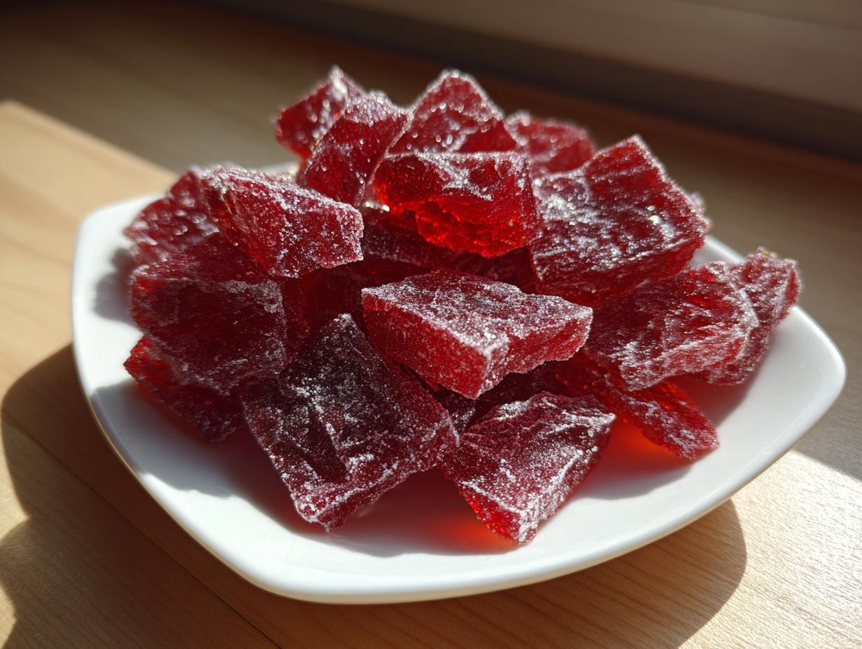 Close-up of bright red, sugar-coated cubes of homemade cinnamon rock candy piled on a small white dish.