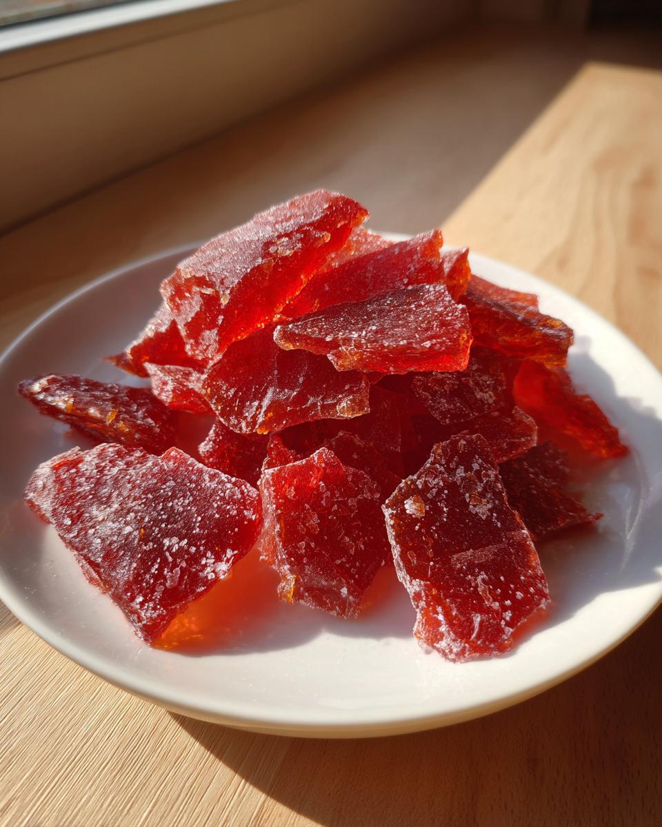 Close-up of bright red, crystallized pieces of homemade cinnamon rock candy piled on a small white plate.