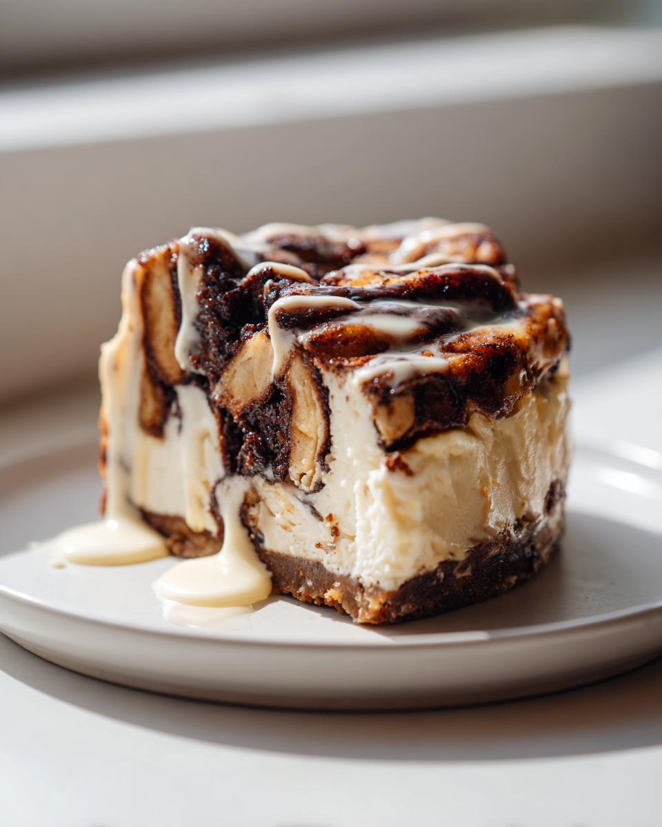 A close-up of a decadent slice of cinnamon roll cheesecake with icing dripping onto a white plate.