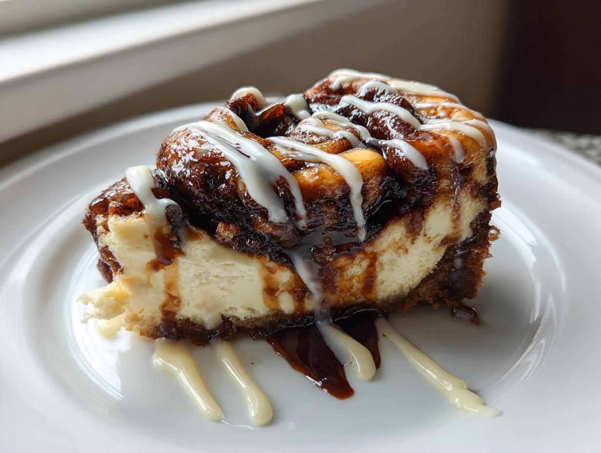A decadent slice of cinnamon roll cheesecake topped with dark cinnamon swirl and white icing drizzle.