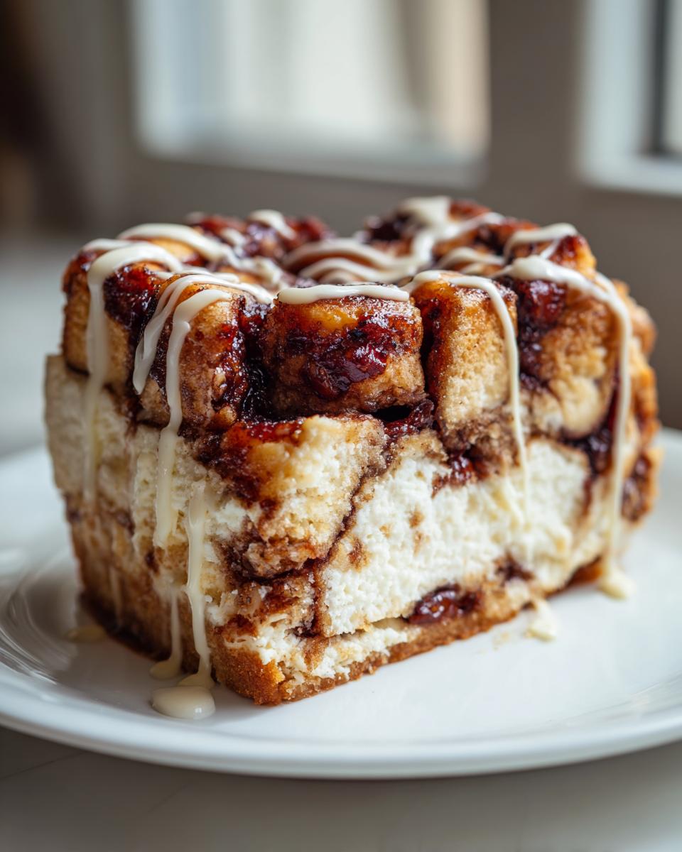 A close-up of a thick slice of cinnamon roll cheesecake with cream cheese filling and white icing drizzle.