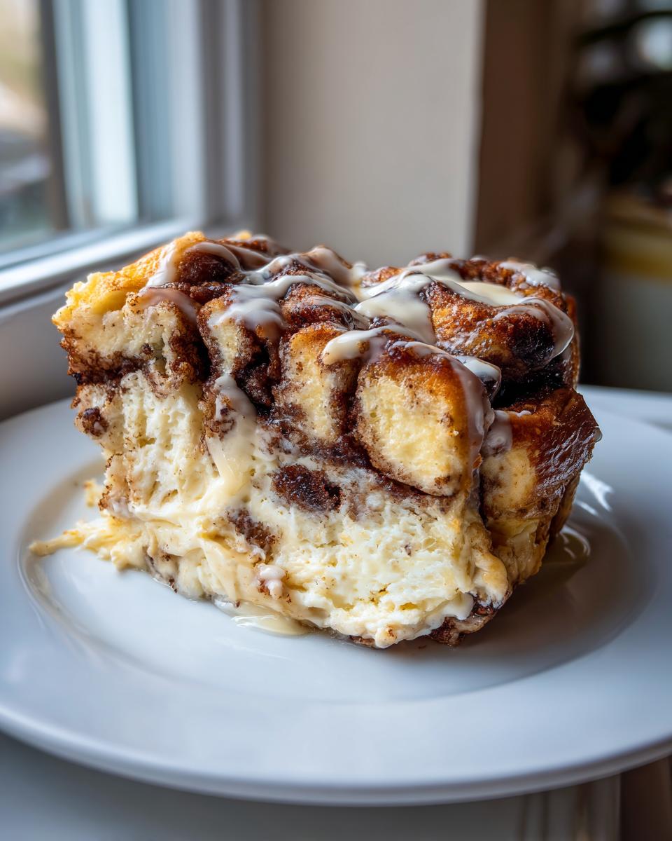 A close-up, vertical slice of cinnamon roll cheesecake on a white plate, featuring layers of cinnamon swirl and creamy filling, drizzled with white icing.