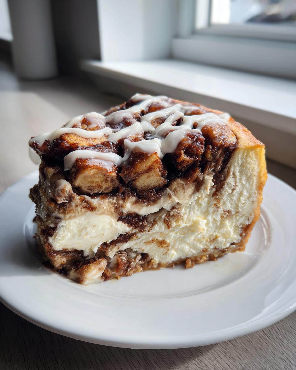 A thick slice of cinnamon roll cheesecake with layers of cream cheese filling and cinnamon swirl, drizzled with white icing.
