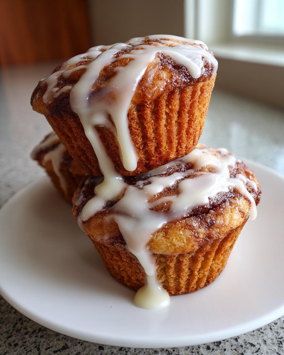 Two stacked cinnamon roll muffins generously drizzled with white icing, sitting on a white plate.