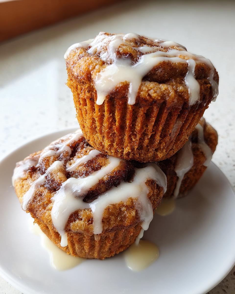 A stack of three freshly baked cinnamon roll muffins topped with thick white vanilla icing.