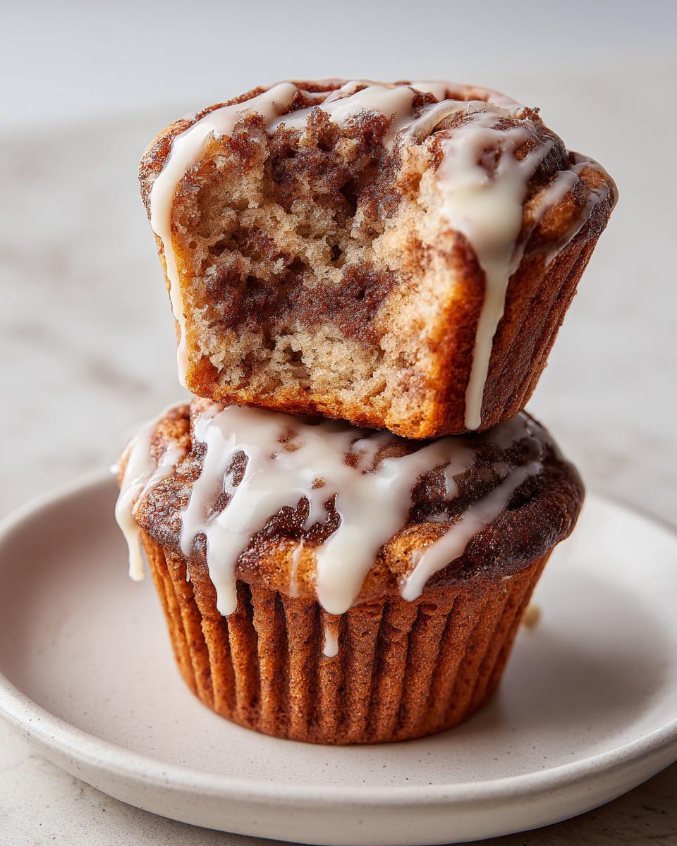 Two stacked cinnamon roll muffins, one with a bite taken out showing the swirl interior and dripping white glaze.