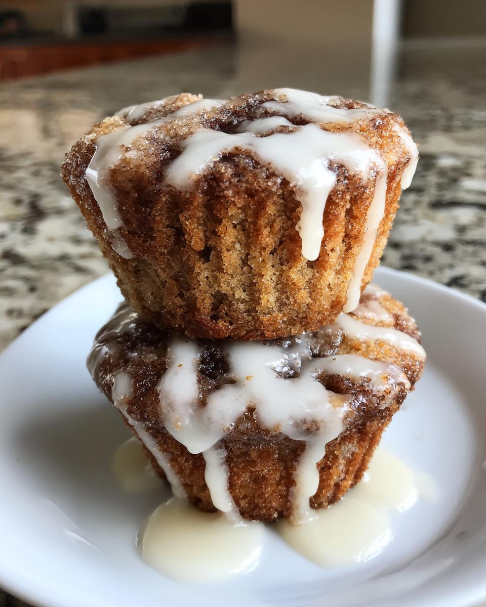Two delicious cinnamon roll muffins stacked on a white plate, generously drizzled with white icing.