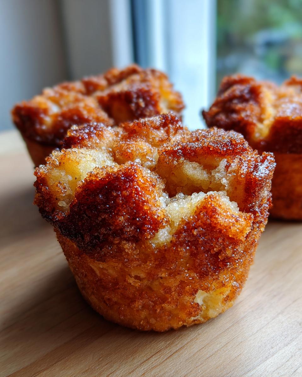 Close-up of a freshly baked french toast muffin coated in caramelized cinnamon sugar.