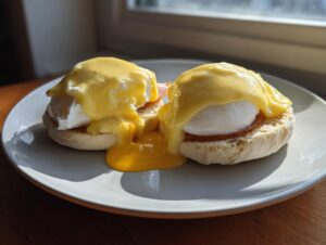Two servings of classic eggs benedict featuring poached eggs and hollandaise sauce dripping onto a plate.