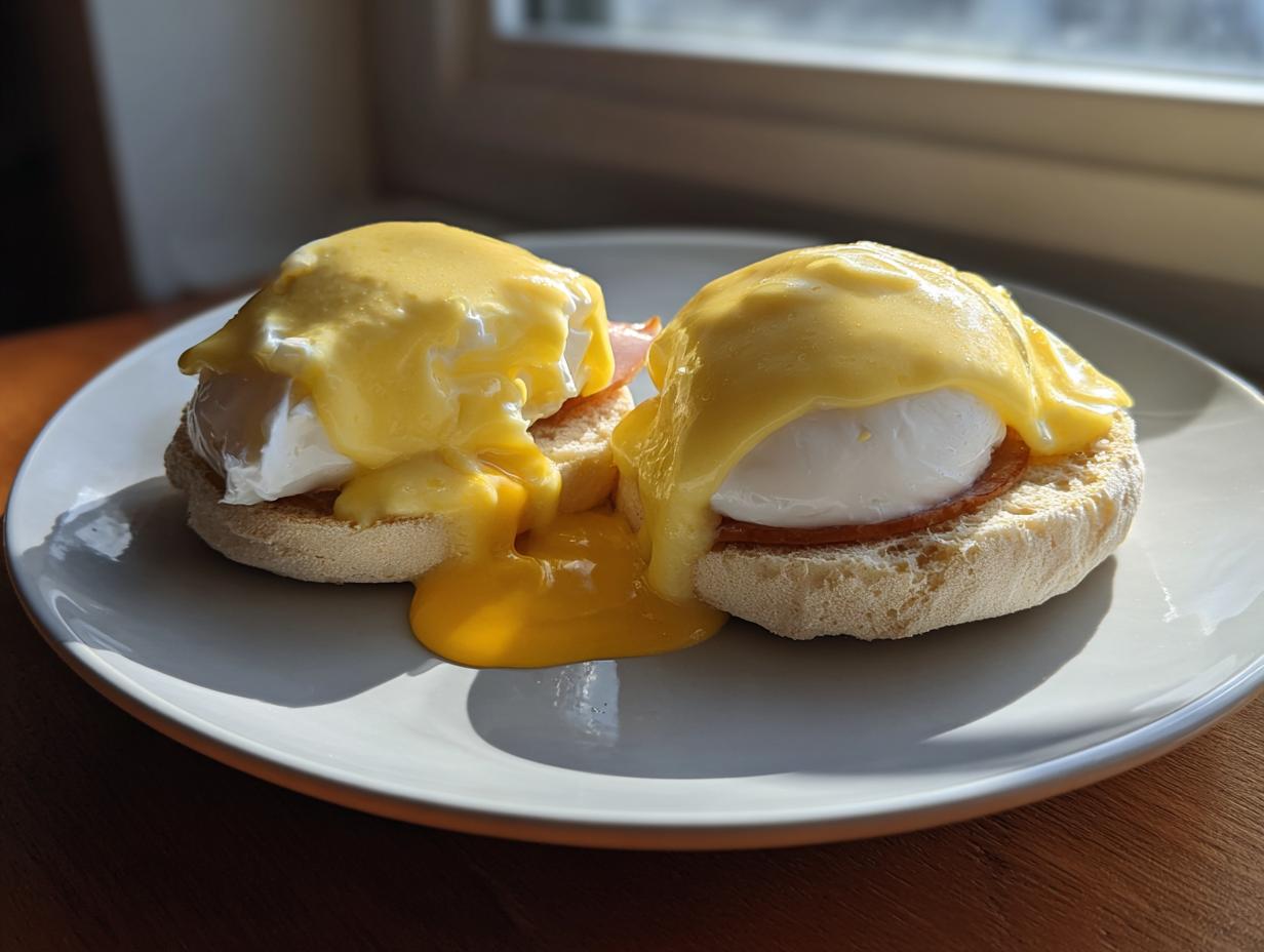Two servings of classic eggs benedict featuring poached eggs and hollandaise sauce dripping onto a plate.