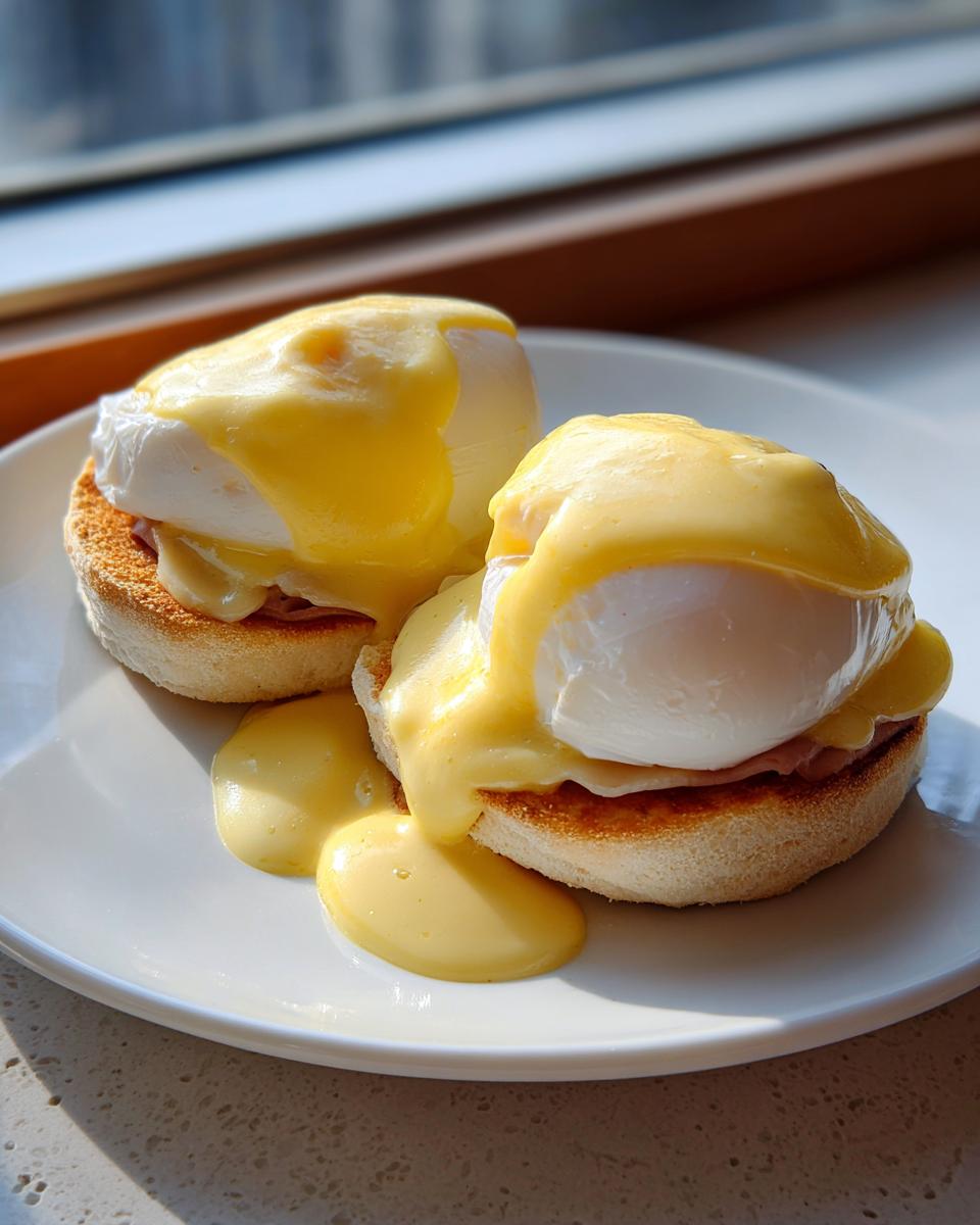 Two servings of classic eggs benedict on toasted English muffins, generously topped with bright yellow hollandaise sauce.