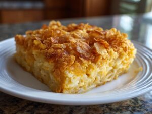 A square serving of creamy funeral potatoes recipe topped with crispy, golden-brown corn flakes on a white plate.