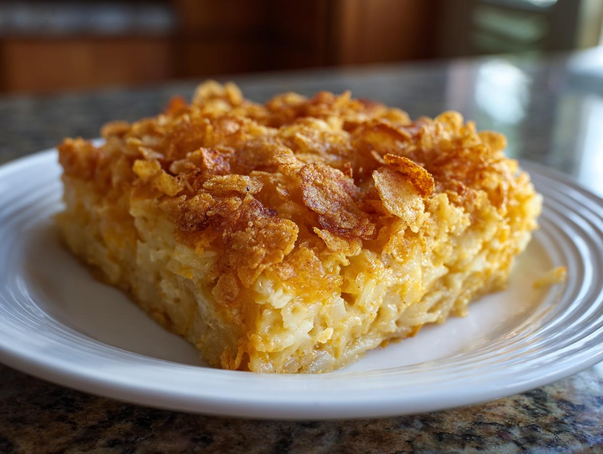 A square serving of creamy funeral potatoes recipe topped with crispy, golden-brown corn flakes on a white plate.