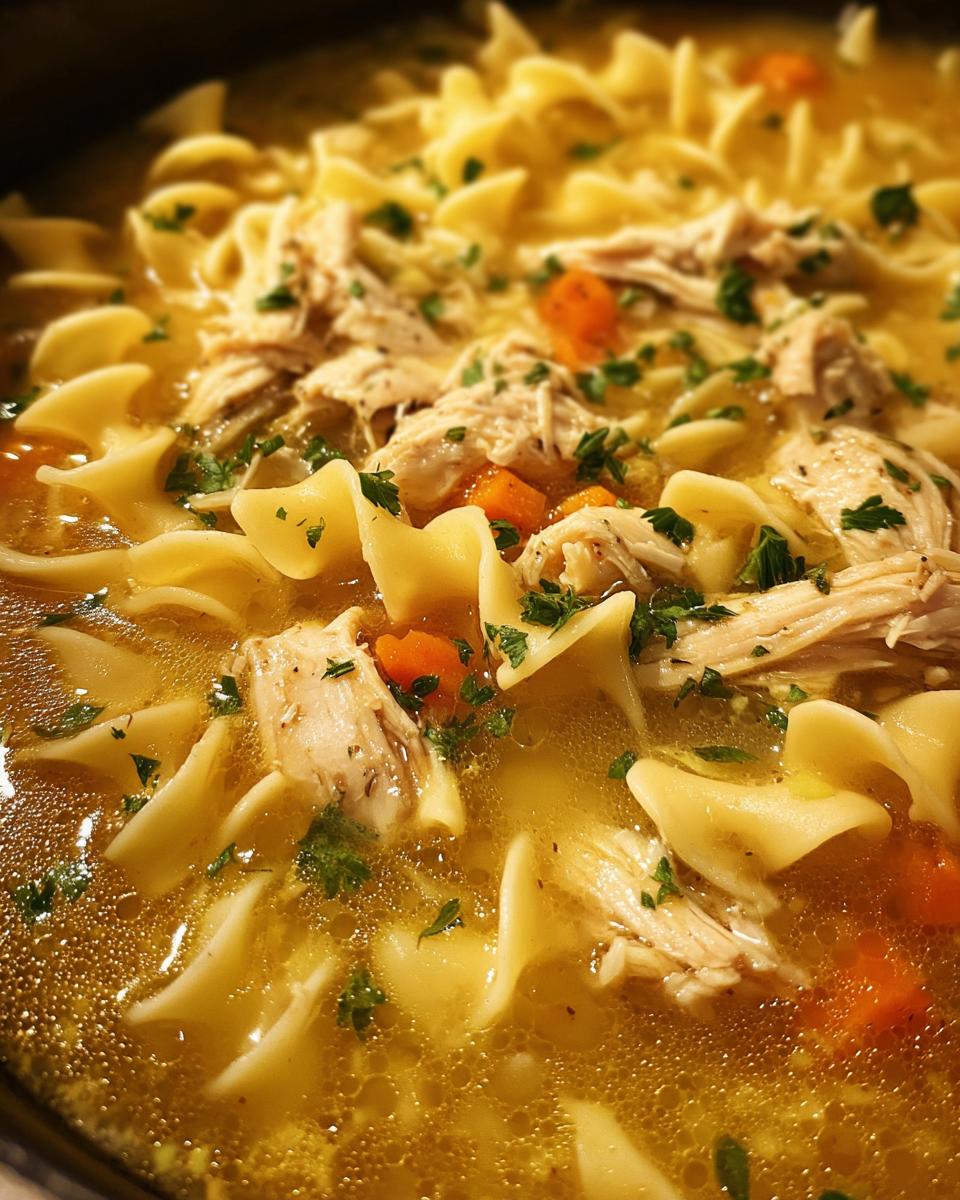 A close-up shot of rich broth filled with shredded chicken, wide egg noodles, and diced carrots in homemade chicken noodle soup.
