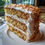 A tall, three-layer slice of moist coconut cake recipe covered in white frosting and toasted coconut flakes.