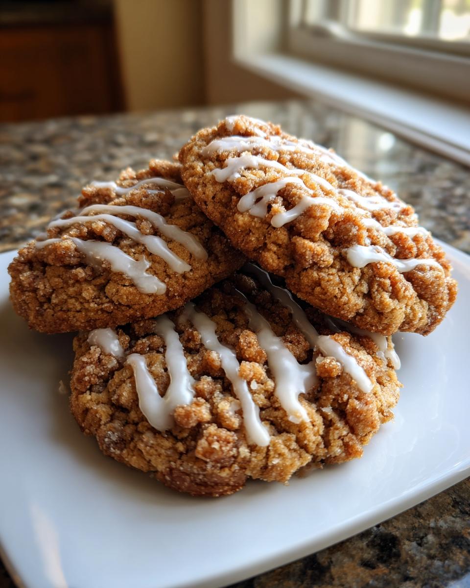 A stack of three crumbly coffee cake cookies drizzled with white vanilla icing on a white plate.