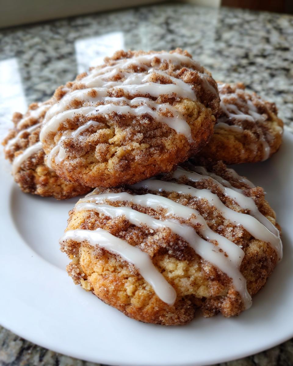 A stack of soft coffee cake cookies topped with cinnamon sugar and a white vanilla glaze drizzle.