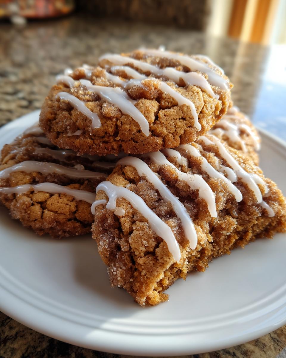 A stack of soft, crumbly coffee cake cookies topped with cinnamon sugar and a white vanilla glaze drizzle.