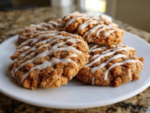 A stack of four textured coffee cake cookies drizzled with white vanilla icing on a white plate.