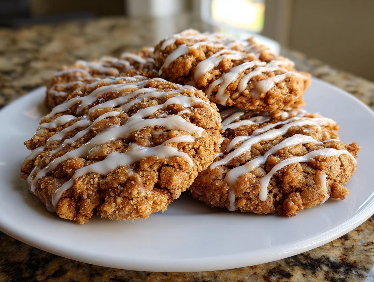 A stack of four textured coffee cake cookies drizzled with white vanilla icing on a white plate.