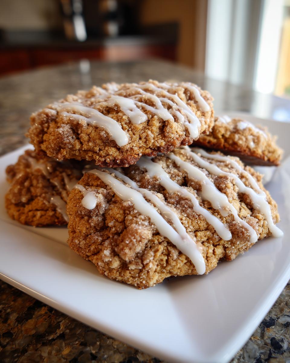 Close-up of several crumbly coffee cake cookies stacked on a white plate, drizzled with white glaze.