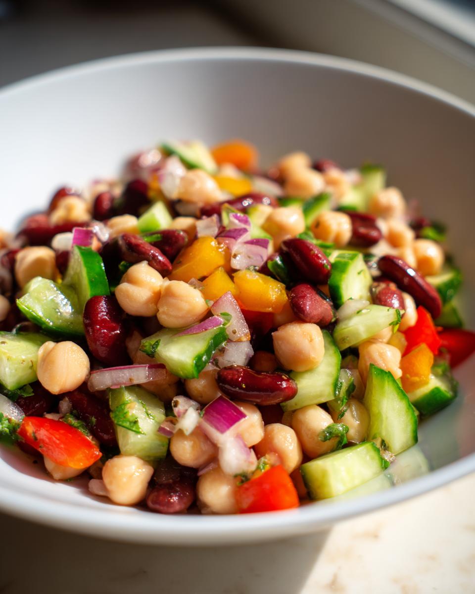 A close-up view of a vibrant bean salad featuring chickpeas, kidney beans, cucumber, and red onion.