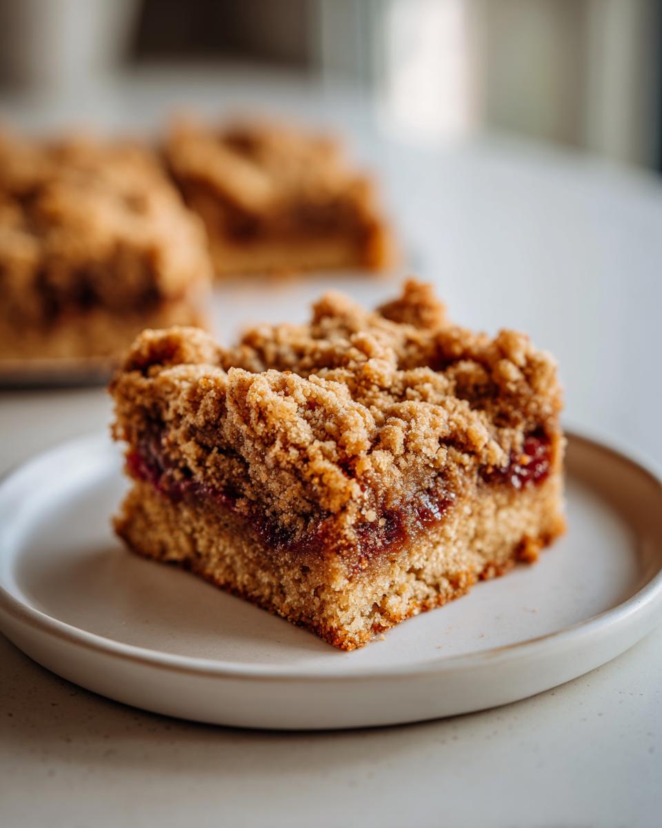 A single square of delicious cranberry crumble bars showing a thick, textured crumb topping and jam filling.