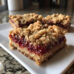Three delicious cranberry crumble bars with a thick jam layer and crumb topping, served on a white plate.