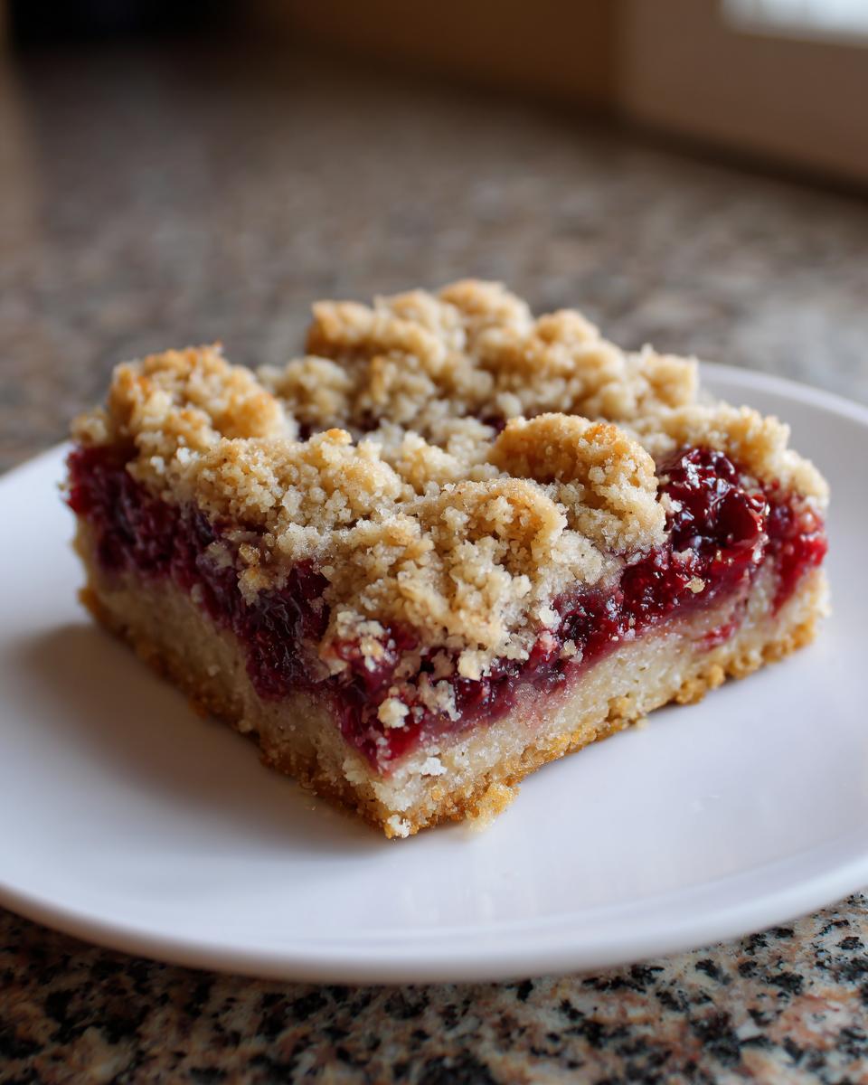 A close-up of a single, thick square of cranberry crumble bars with a buttery crust and crumb topping.