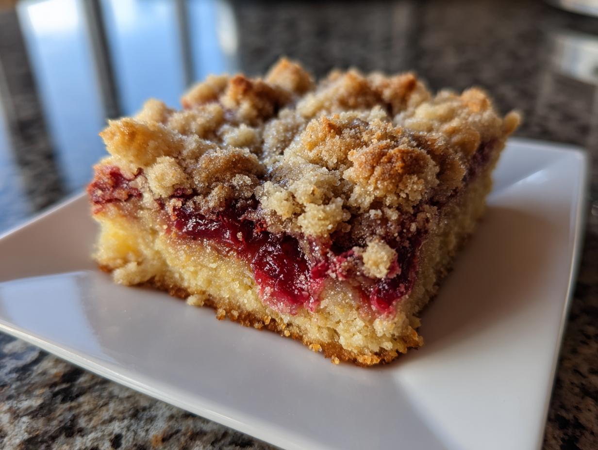 A close-up of a thick, square slice of cranberry crumble bars showing the bright red cranberry filling and golden crumb topping.