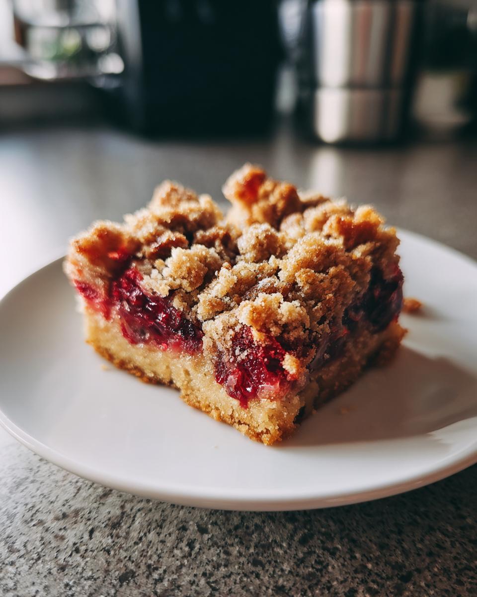 A close-up of a single serving of cranberry crumble bars with a thick, bright red berry filling and a golden, crumbly topping.