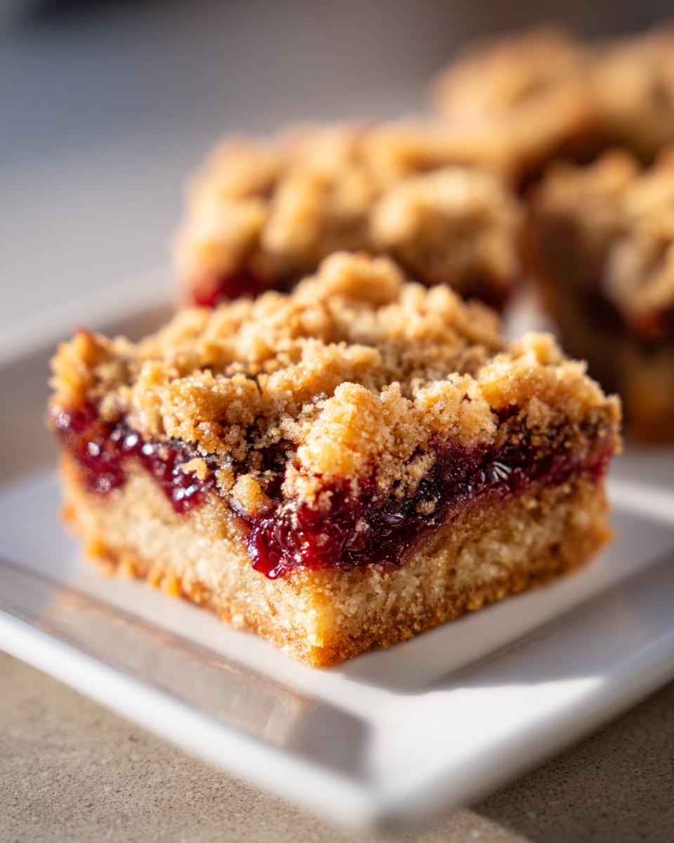 A close-up of a single square cranberry crumble bars showing the thick, jammy filling and crumbly topping.