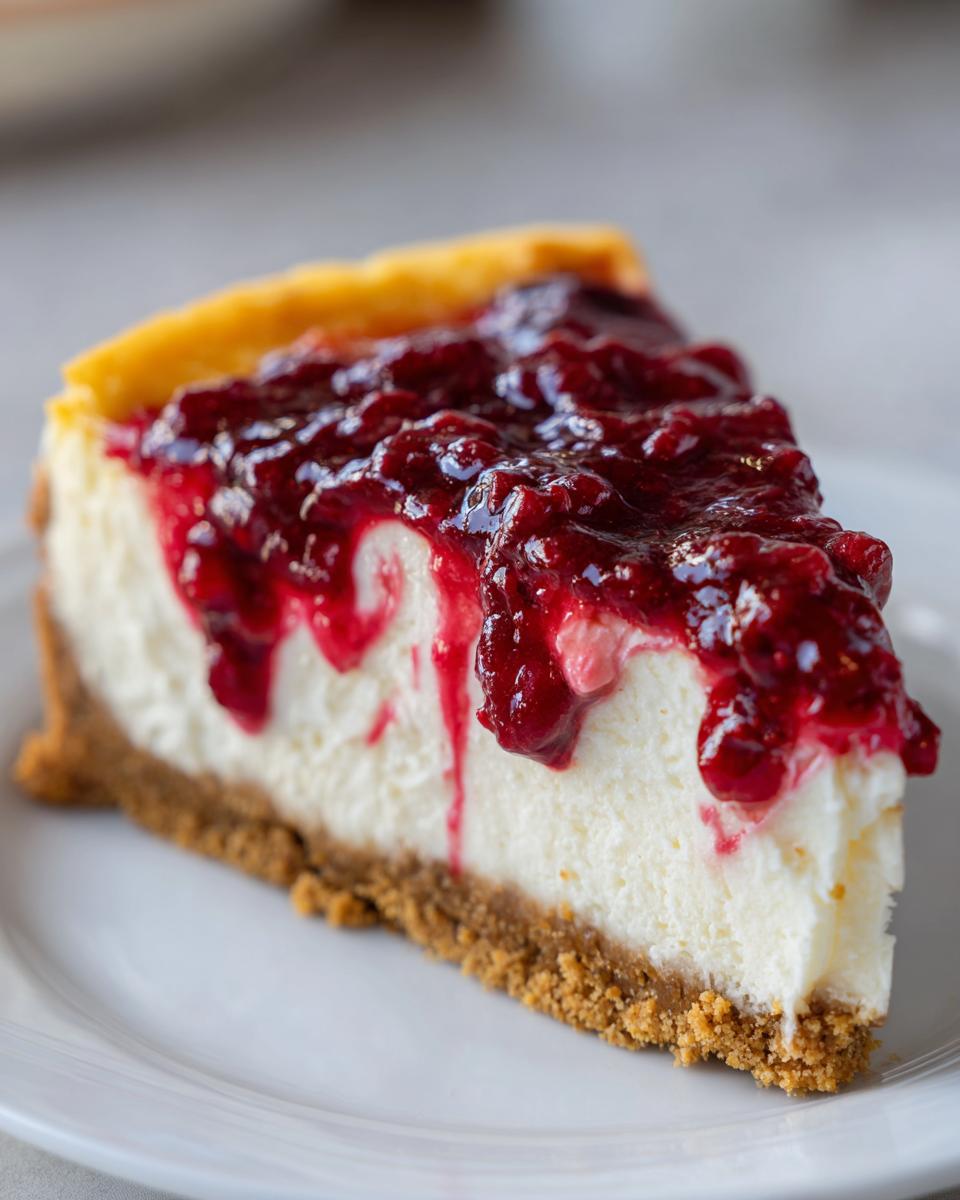 A close-up of a perfect slice of cranberry orange cheesecake with a thick graham cracker crust and rich berry topping.