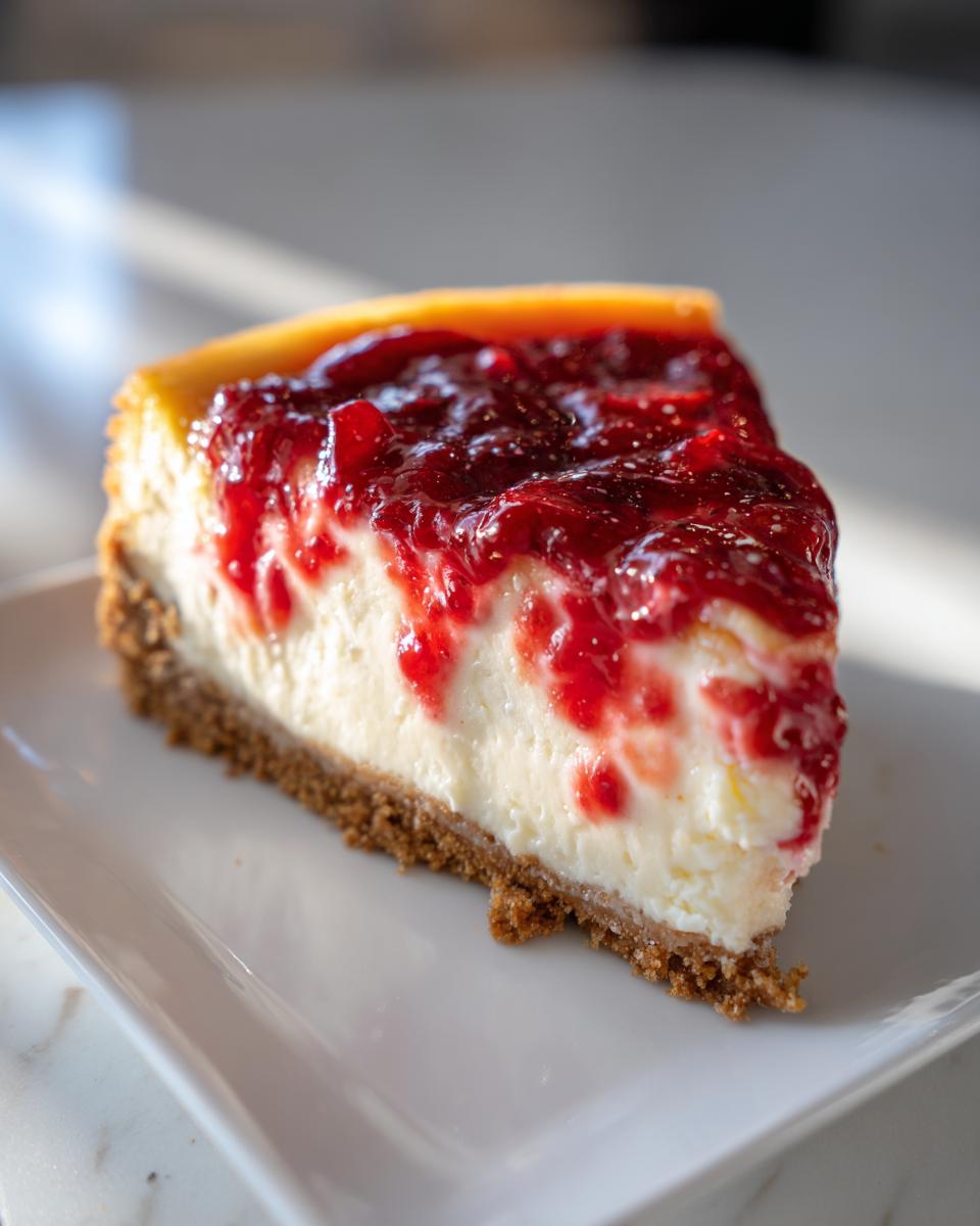 Close-up of a perfect slice of cranberry orange cheesecake showing the graham cracker crust and bright red topping.