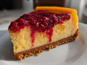 Close-up of a slice of rich cranberry orange cheesecake on a white plate, showing the graham cracker crust and bright red topping.