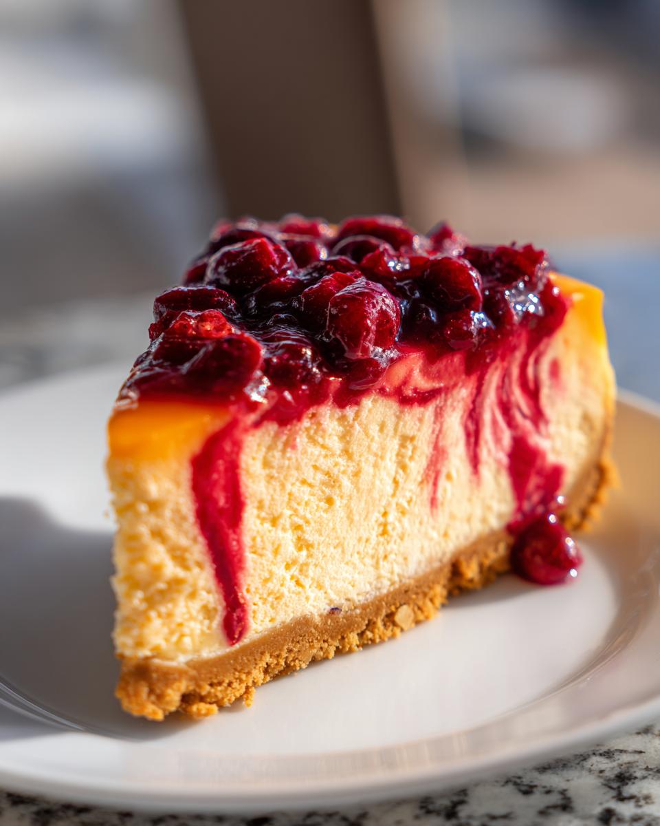 A perfect slice of cranberry orange cheesecake with a graham cracker crust and rich berry topping.