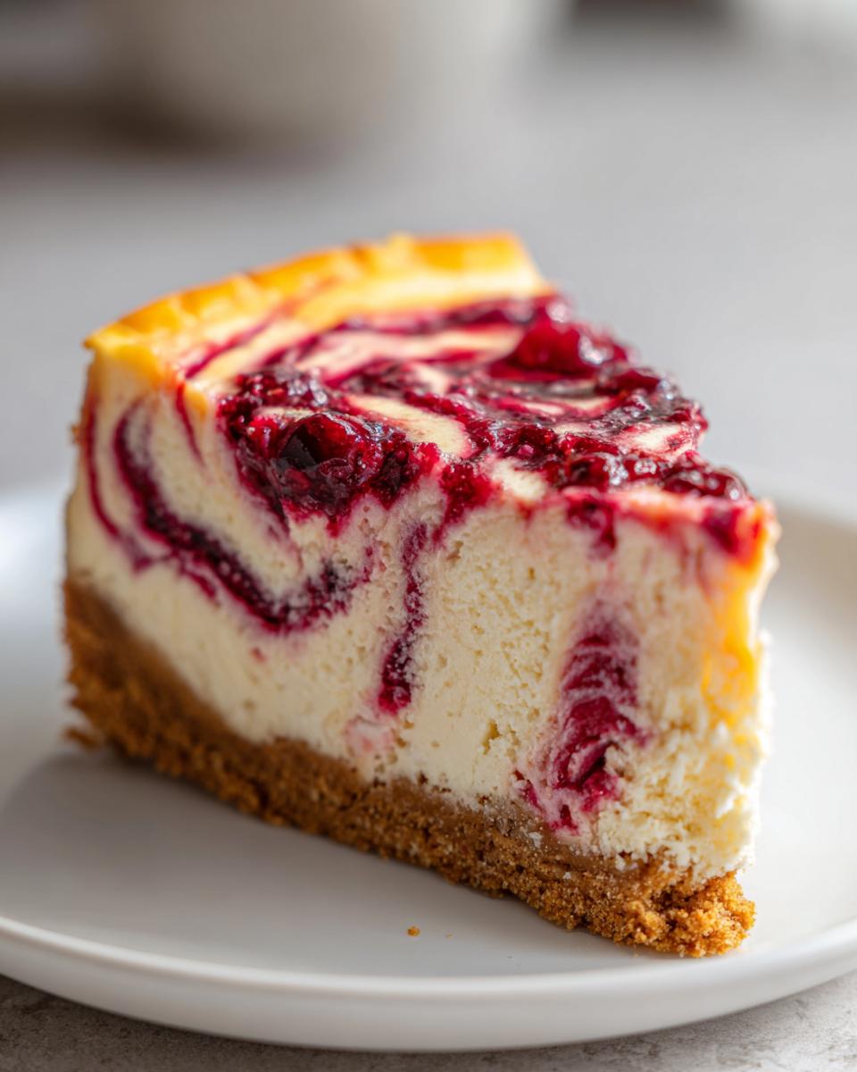 Close-up of a slice of cranberry orange cheesecake showing a graham cracker crust and deep red fruit swirls.