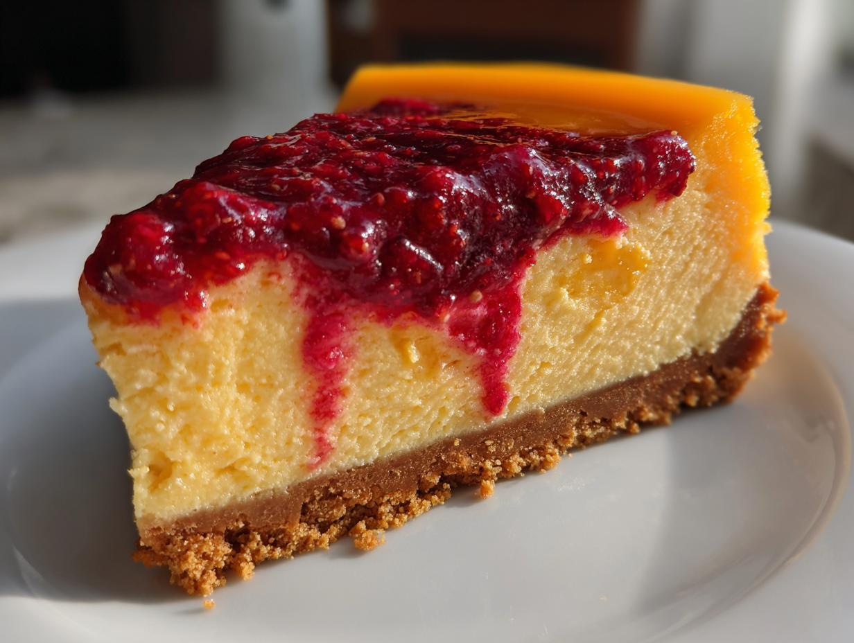 Close-up of a slice of rich cranberry orange cheesecake on a white plate, showing the graham cracker crust and bright red topping.