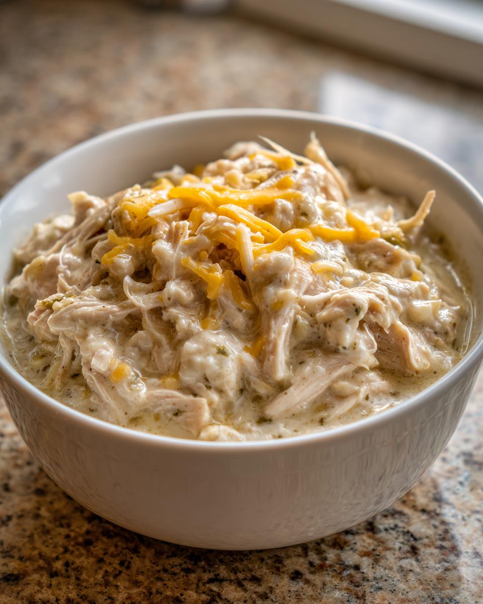 A close-up of a white bowl filled with creamy, shredded cream cheese chicken chili topped with cheddar cheese.