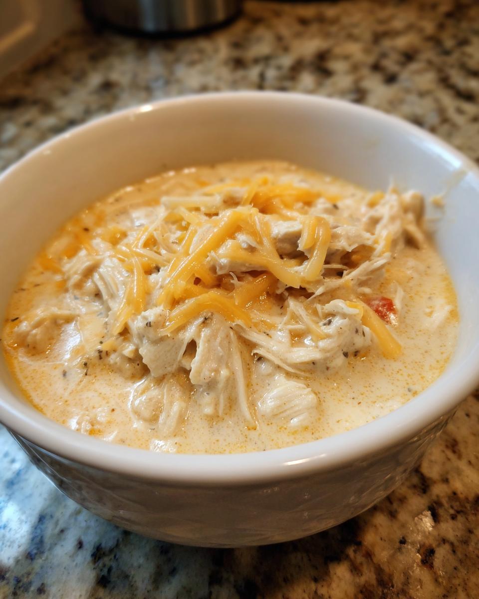 A close-up of a white bowl filled with creamy, shredded cream cheese chicken chili topped with cheddar cheese.
