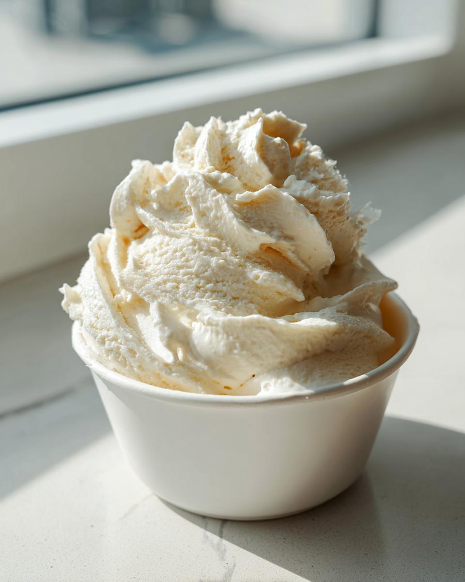 A close-up of creamy, light-colored banana ice cream scooped high in a small white cup.