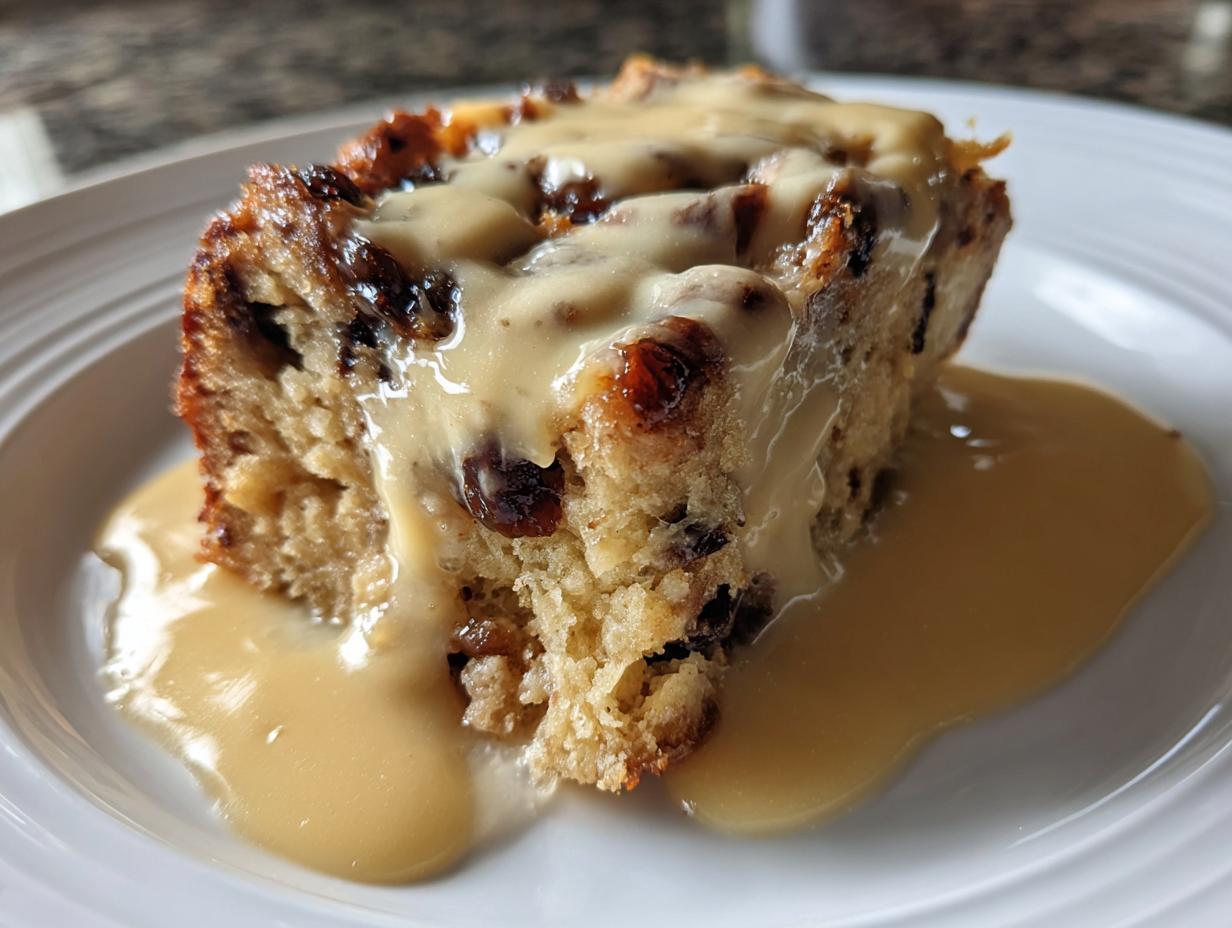 A close-up of a moist slice of bread pudding recipe topped generously with warm vanilla custard sauce.