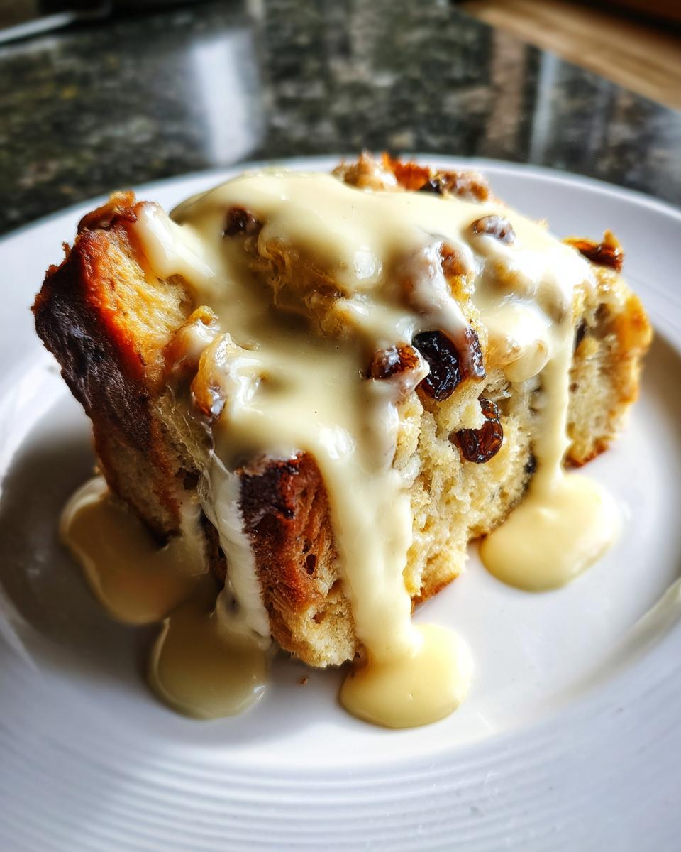 A close-up of a moist slice of bread pudding recipe topped generously with thick vanilla custard sauce.