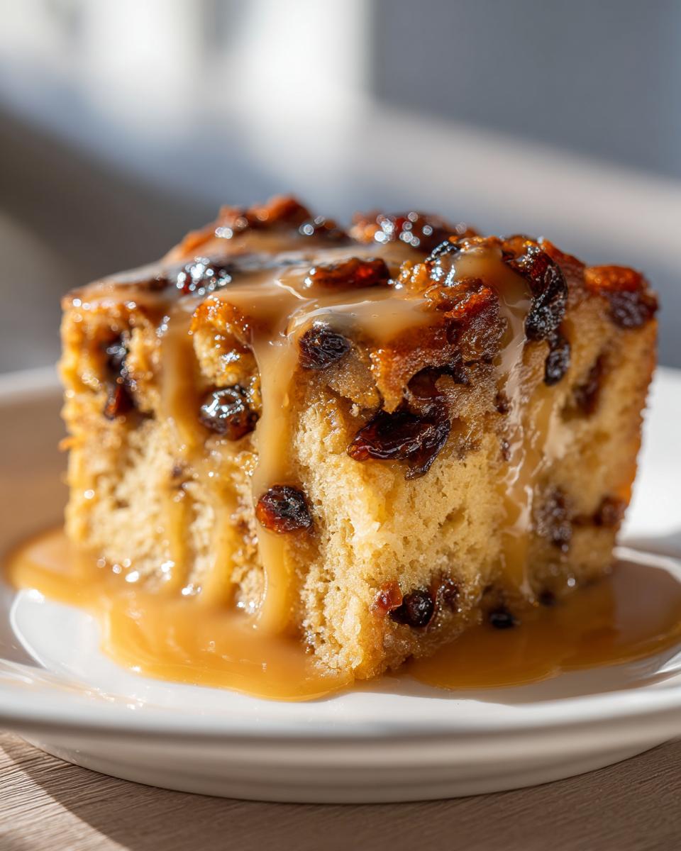 A close-up of a rich slice of bread pudding recipe studded with raisins, generously covered in dripping caramel sauce.