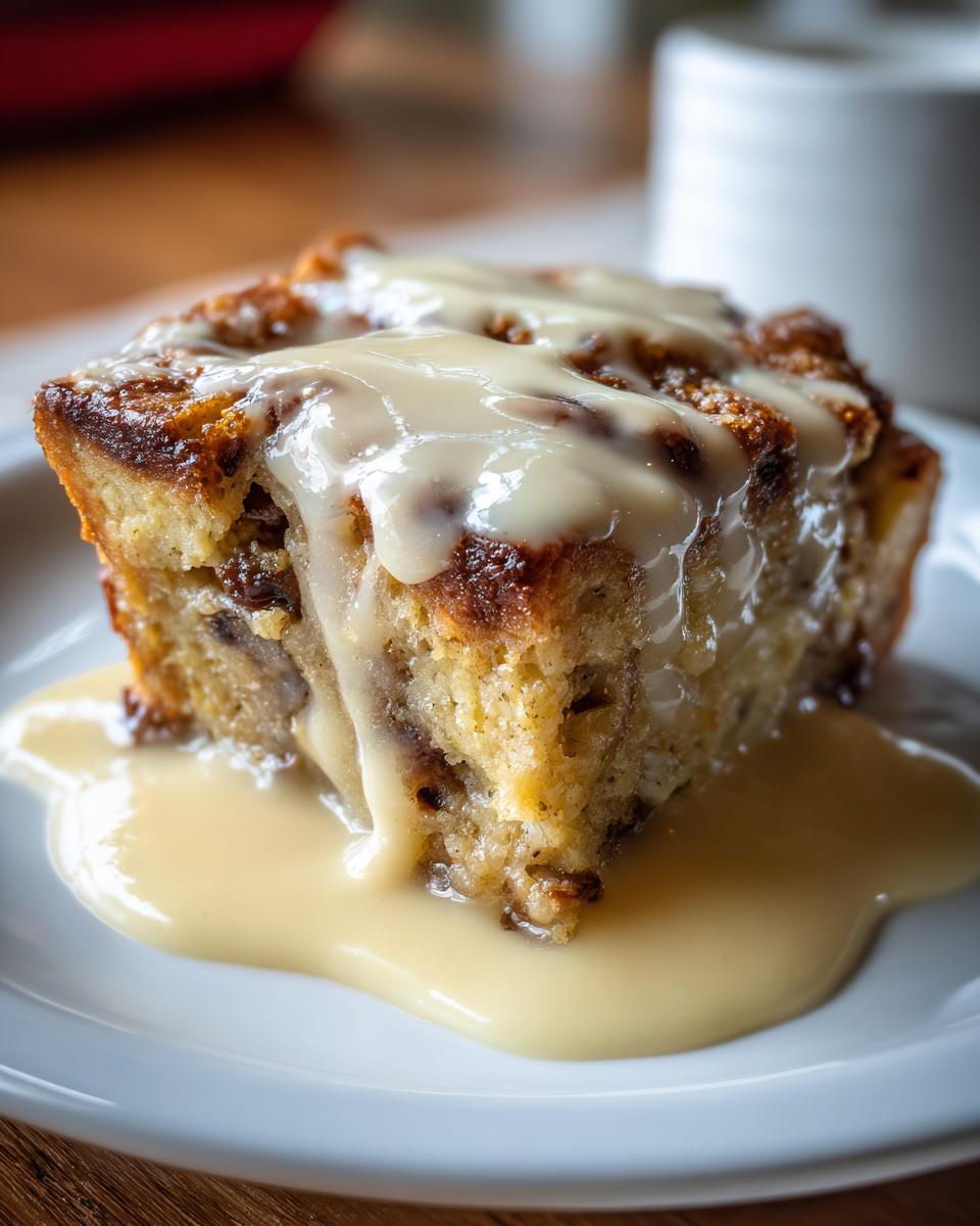 Close-up of a single serving of bread pudding recipe, drizzled generously with vanilla sauce.