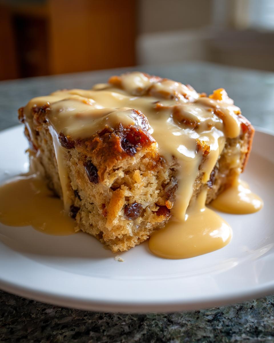 A close-up of a moist slice of bread pudding recipe topped generously with warm caramel sauce.