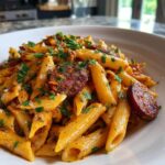 A close-up of a bowl of creamy cajun sausage pasta featuring penne, sliced sausage, and fresh parsley garnish.
