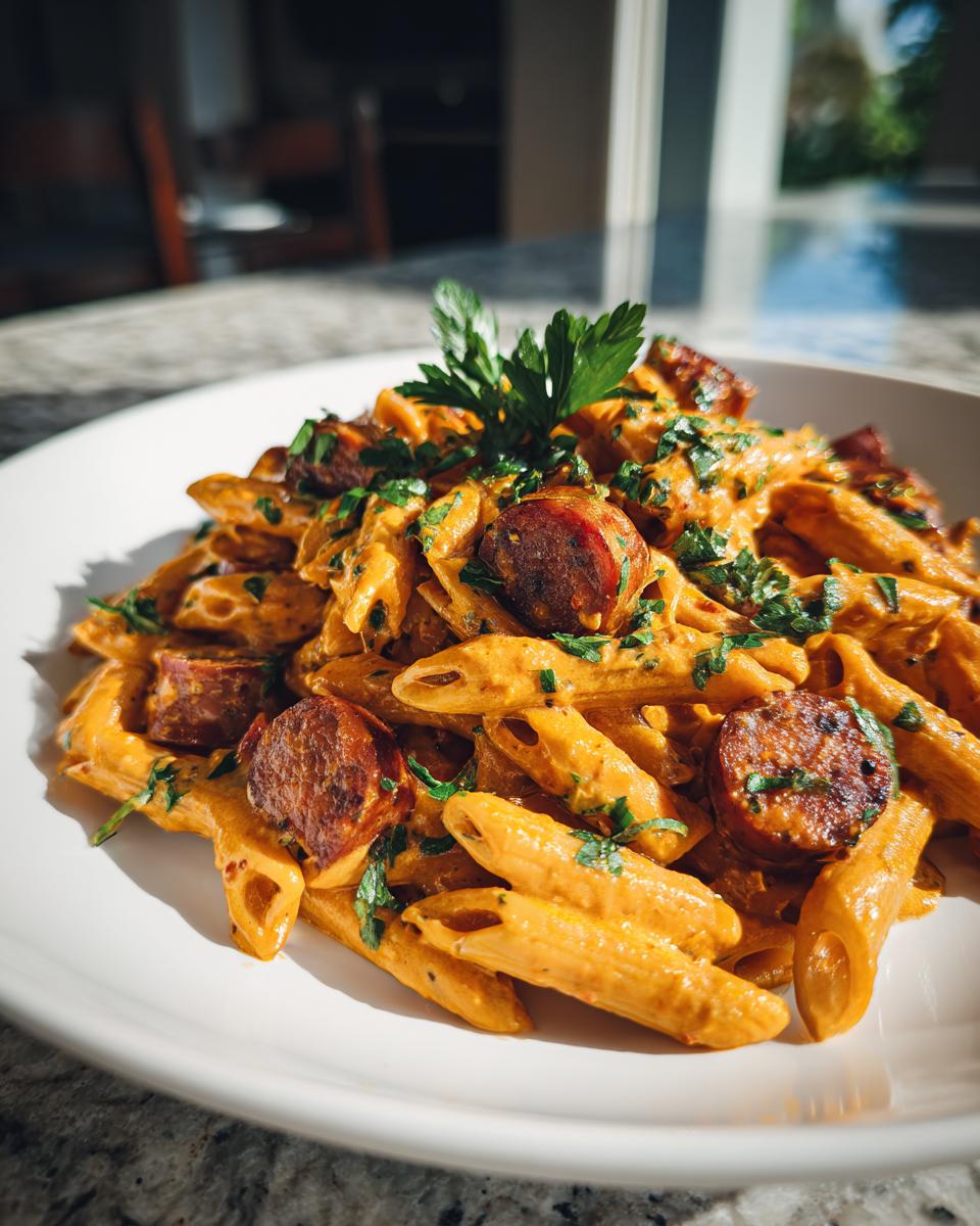 Close-up of creamy Cajun sausage pasta featuring penne coated in a rich orange sauce and topped with sliced sausage and fresh parsley.
