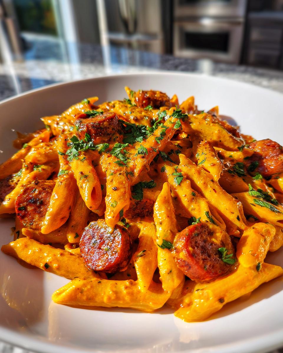Close-up of creamy, orange-sauced cajun sausage pasta with penne, garnished with parsley, served in a white bowl.