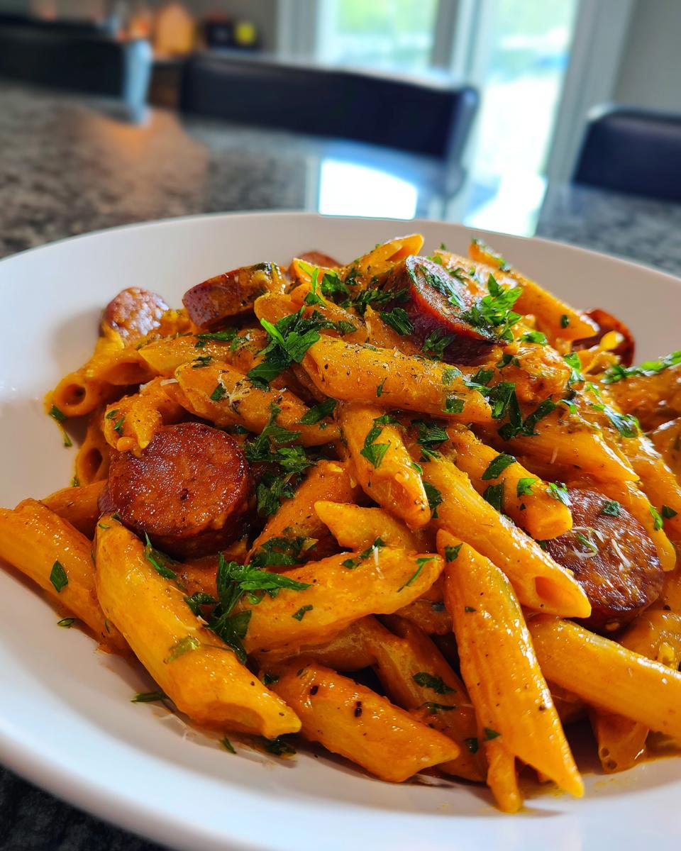 Close-up of creamy Cajun sausage pasta featuring penne noodles, sliced sausage, and fresh parsley garnish.